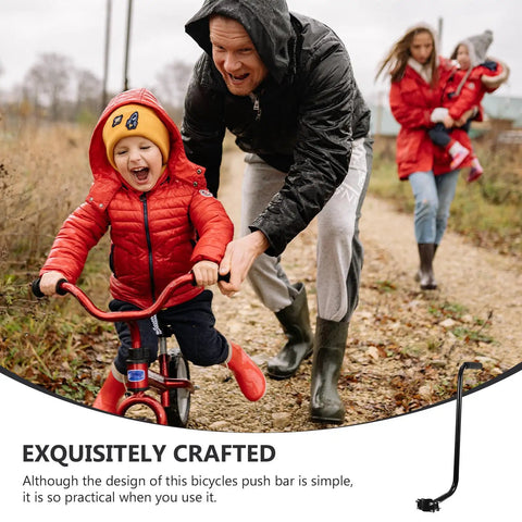 Parent guiding child on a bike with Kids Bike Safety Trainer Handle And Balance Push Bar for confidence building and safe fun biking.