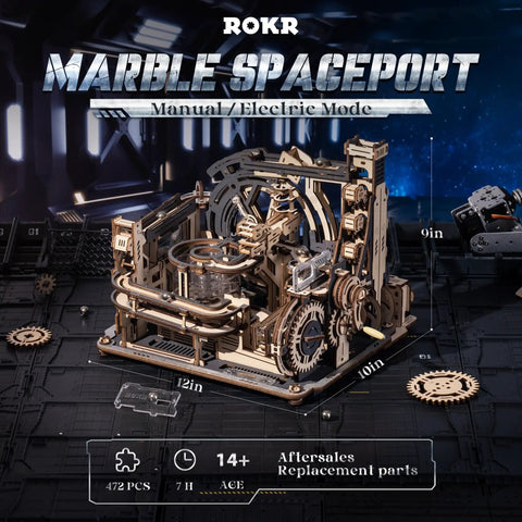 Dope 3D Puzzle Marble Run Kit For Adults Electric Spaceport LGC01 assembled with 472 wooden pieces showing detailed design.
