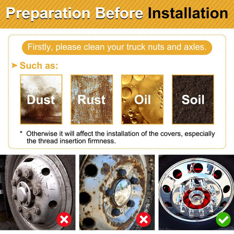Image illustrating cleaning requirements before installing 33mm Lug Nut Covers Bullet Flanged ABS Chrome Plastic Push On Nut Cover Caps For Semi Trucks 60 Pack Rust Resistant Finish Protects Nuts And Wheels While Looking Fresh by showing common contaminants like dust and rust.