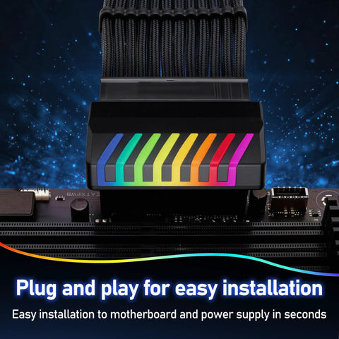 90 Degree ATX 24 Pin ARGB Right Angle Female To Male Adapter For Mini ITX Builds, shown plugged into motherboard.