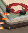 Professional Grade Aluminum Router Templates And Jigs For Woodworking, setup of precision edge guide with R30, R40, R50 measurements