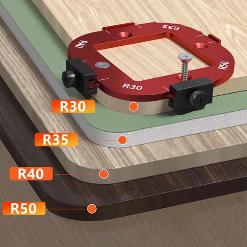 Professional Grade Aluminum Router Templates And Jigs For Woodworking, setup of precision edge guide with R30, R40, R50 measurements
