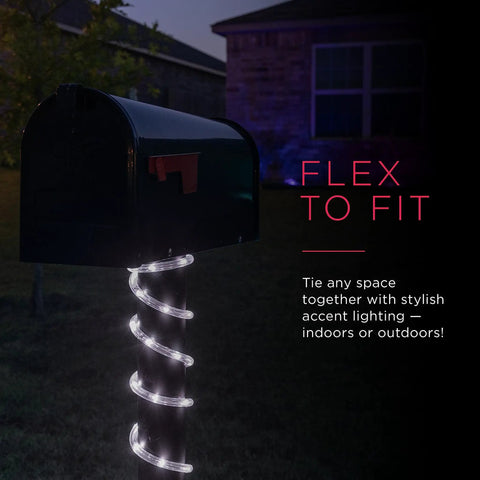 16 Foot LED Rope Lights In Classic Clear With Cool White 5000K wrapped around a mailbox, illuminating a garden at night
