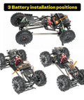 Carbon Fiber LCG Chassis Kit For SCX24 With 7 Degree Angled Skid showing three battery installation positions