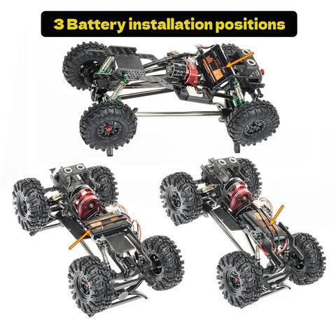 Carbon Fiber LCG Chassis Kit For SCX24 With 7 Degree Angled Skid showing three battery installation positions