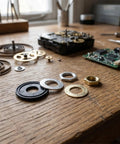 Quartz Clock Nut and Washer DIY Repair Kit 10 Sets With Metal and Rubber Components For Stable Performance, Precise Assembly, And Easy Wall Clock Mechanism Replacement on wood