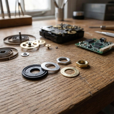 Quartz Clock Nut and Washer DIY Repair Kit 10 Sets With Metal and Rubber Components For Stable Performance, Precise Assembly, And Easy Wall Clock Mechanism Replacement on wood