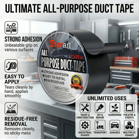 Heavy Duty Black Duct Tape With Tear By Hand And No Residue Adhesive Industrial Strength Waterproof All Purpose Tape For Moving Outdoor Repair And Home DIY 2 Inch By 20 Yards Grab And Go Tough As Nails displayed on kitchen counter