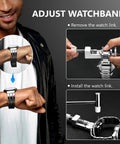 Using Pro Grade All In One Watch Repair Kit With Press Tool For Battery Swap And Strap Sizing to adjust watchband links.