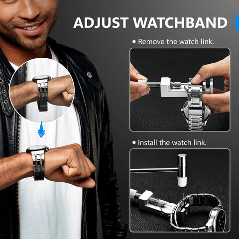 Using Pro Grade All In One Watch Repair Kit With Press Tool For Battery Swap And Strap Sizing to adjust watchband links.