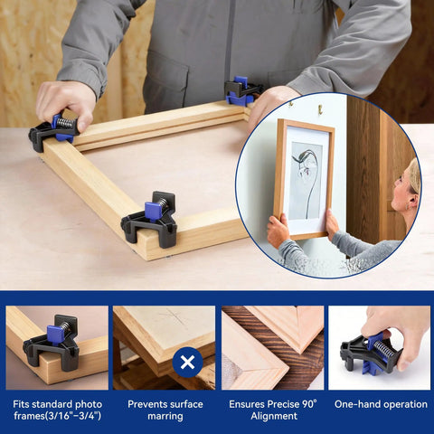 90 Degree Corner Clamps For Woodworking, Set Of 4 Adjustable Spring Loaded One Hand Clamps For Framing, Cabinets, And Projects