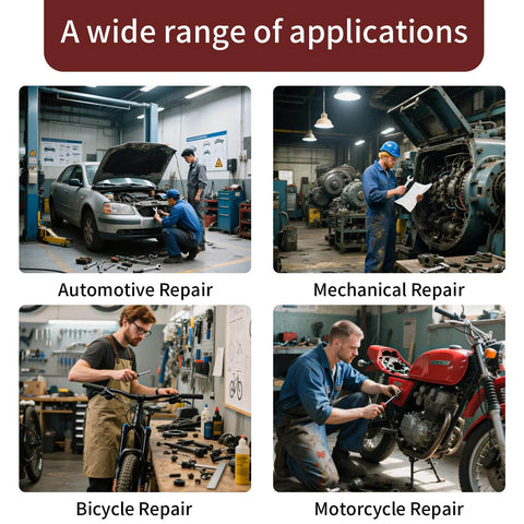 Four images of repair: automotive, mechanical, bicycle, and motorcycle repair settings, highlighting diverse applications.