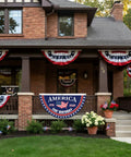 Patriotic 250th Birthday Bunting Flags Set For USA Fans Anniversary Fan Banner 1776 To 2026 on a decorated house porch