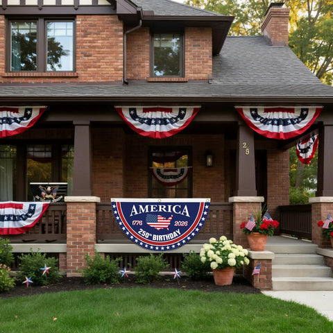 Patriotic 250th Birthday Bunting Flags Set For USA Fans Anniversary Fan Banner 1776 To 2026 on a decorated house porch