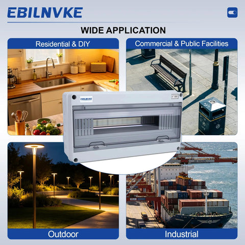 Rugged 18 Way Circuit Breaker Box With IP65 Waterproof Rating Features Transparent Window Cover For Easy Checks, shown in various applications.