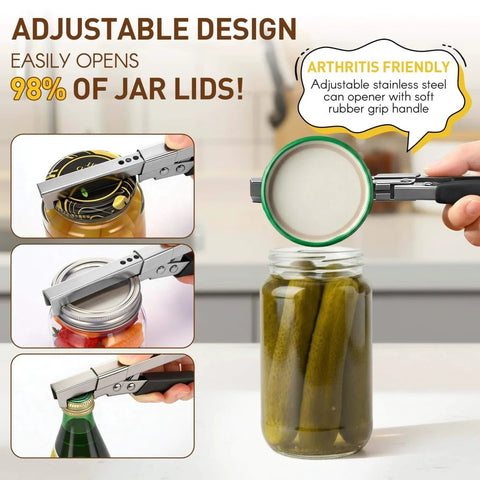 Four Piece Adjustable Jar Opener Set With Gripper And Mason Jar Lid Openers For Arthritis Relief in use on various jars
