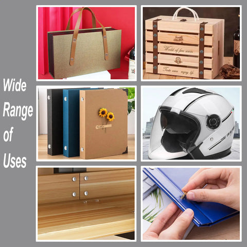 Premium 110 Set Chicago Screws And Leather Rivets Assorted Binding Fasteners For DIY Leather Craft shown in various uses including folders and bags.