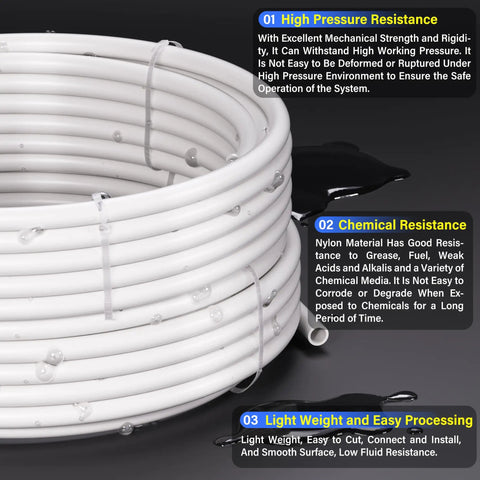 Rugged White Nylon Air Brake Hose Tube Quarter Inch Bore Three Eighths Wall Thirty Two Foot heavy duty coil showing flexibility and chemical resistance.