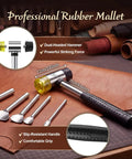 Leather Corner Punch Set With Double Sided Mallet Five Popular Sizes displayed on brown leather sheet.