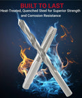 All In One Metric Helicoil Thread Repair Kit 131 Piece Set With Stainless Inserts HSS Drill Bits Taps And Wrench M5 To M12 Portable Case For Auto And Machinery Maintenance Pro Grade Heavy Duty showing a heat-treated steel drill bit and tap against a fiery background