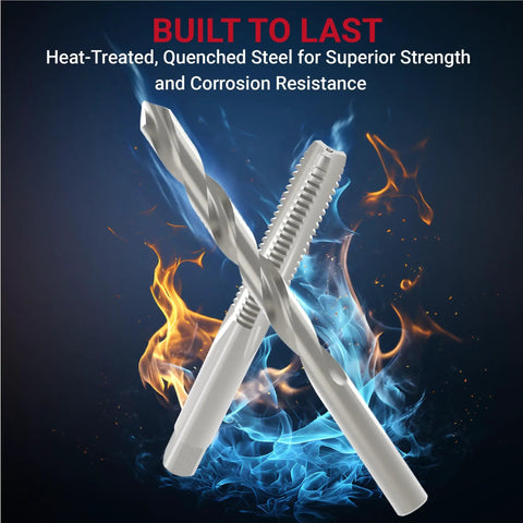 All In One Metric Helicoil Thread Repair Kit 131 Piece Set With Stainless Inserts HSS Drill Bits Taps And Wrench M5 To M12 Portable Case For Auto And Machinery Maintenance Pro Grade Heavy Duty showing a heat-treated steel drill bit and tap against a fiery background