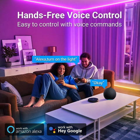 Lit LED Strip Lights 25ft WiFi RGB Color Changing Works With Alexa And Google, living room scene with voice control