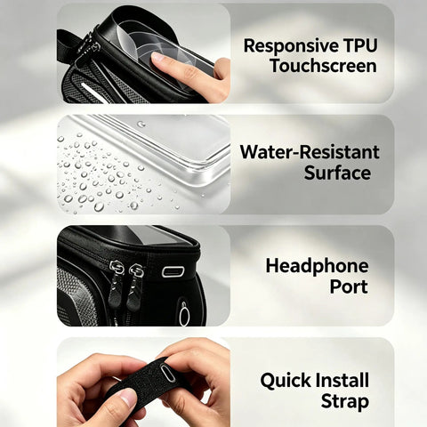 Super Cool Water-Resistant Bike Phone Mount Bag For Happy E-Bike Offroad Mtb With Hd Touch Screen Window To Navigate And Handle Calls On The G black bag with TPU touchscreen, water-resistant surface, headphone port, quick install strap