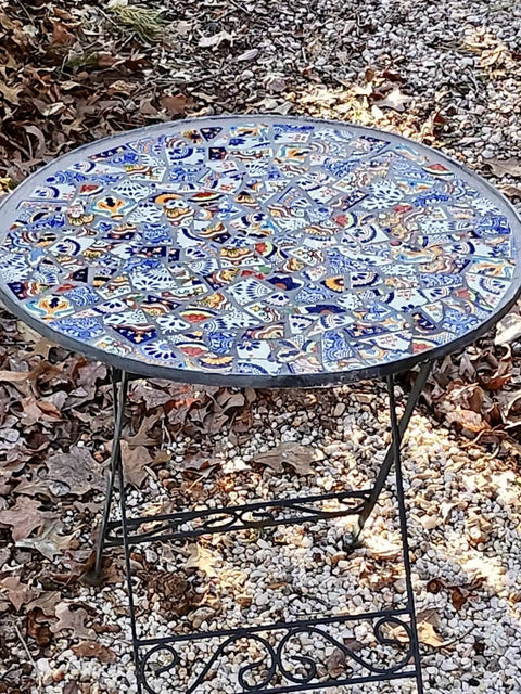 Metal table with mosaic top using 10 Pound Bundle Of Broken Mexican Talavera Tiles For Mosaic Projects And DIY Decor, outdoor setting