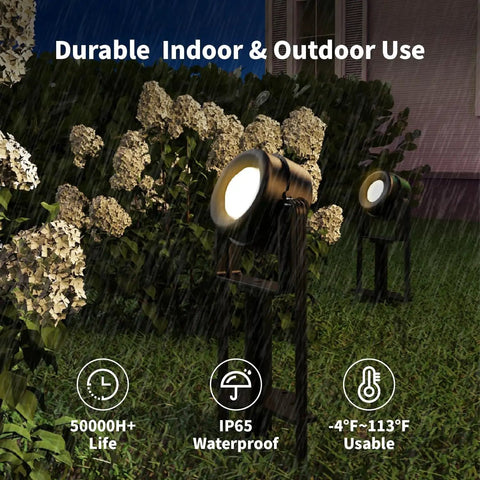 Low Voltage Landscape Lighting With Bluetooth App Control And Remote Outdoor Spotlights illuminating garden at night