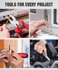 Collage showing 75-Piece Home Tools Kit With Plastic Toolbox Storage Case And Integrated Standing Tool Rack in use for repairs
