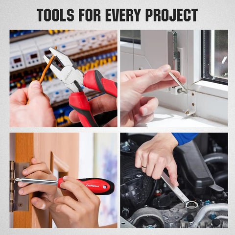 Collage showing 75-Piece Home Tools Kit With Plastic Toolbox Storage Case And Integrated Standing Tool Rack in use for repairs