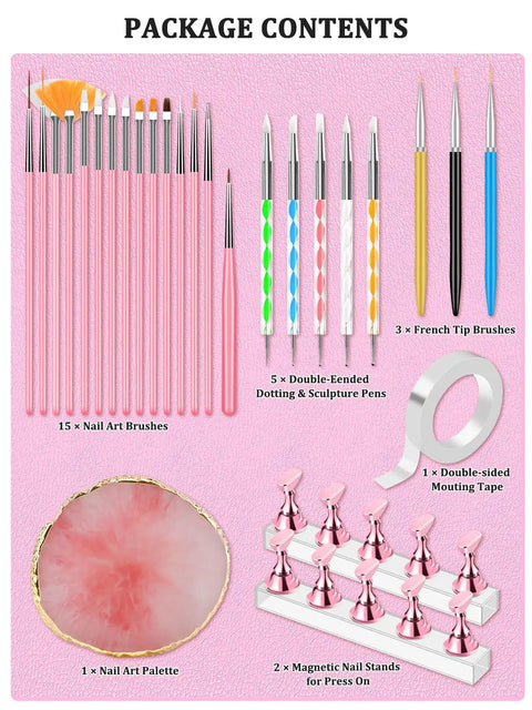 Package contents showing Magnetic Nail Stand Kit With Nano Tape Pro Nail Art Brushes Dotting And Sculpting Tools French Tip Liner Brushes.