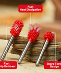 EZARC tungsten carbide rotary burr kit, 3 pcs, 1/8 inch shafts with red spike burrs for wood carving, front view