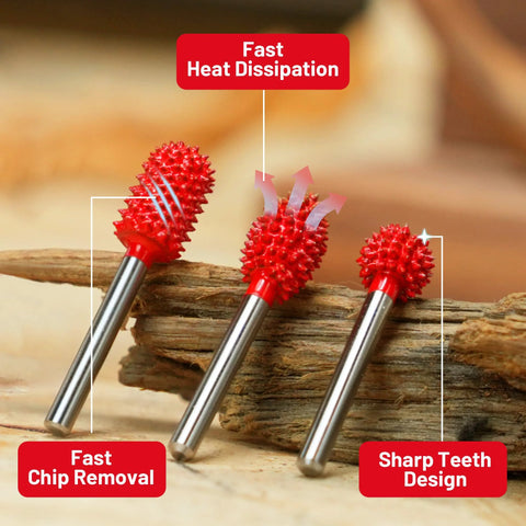 EZARC tungsten carbide rotary burr kit, 3 pcs, 1/8 inch shafts with red spike burrs for wood carving, front view