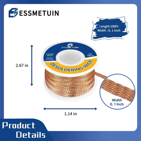 Desoldering Wick Braid With Flux 100 Ft No Clean Soldering Wick For Electronics And PCB Rework displayed with size details