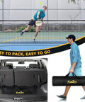 Wheeled Pickleball Net Set With Regulation 22 Foot And 11 Foot Half Court Sturdy Metal Frame Easy Carry Bag displayed in various uses.