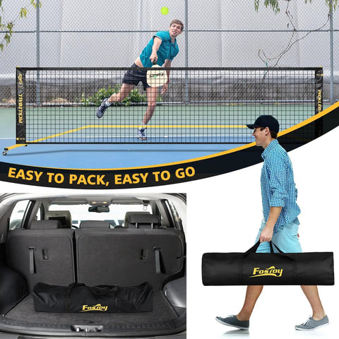 Wheeled Pickleball Net Set With Regulation 22 Foot And 11 Foot Half Court Sturdy Metal Frame Easy Carry Bag displayed in various uses.