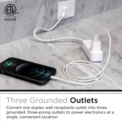 Designer Mini 3-Outlet Power Strip With 18 Inch Braided Cord Grounded Adapter Low Profile Flat Plug ETL Listed White Gray on counter