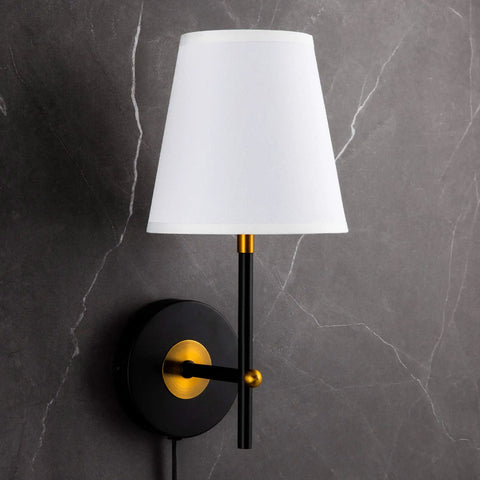 1 Light Wall Sconce With Plug In Cord And White Fabric Shade In Matte Black Finish Easy Install Wall Mount Vanity Lamp