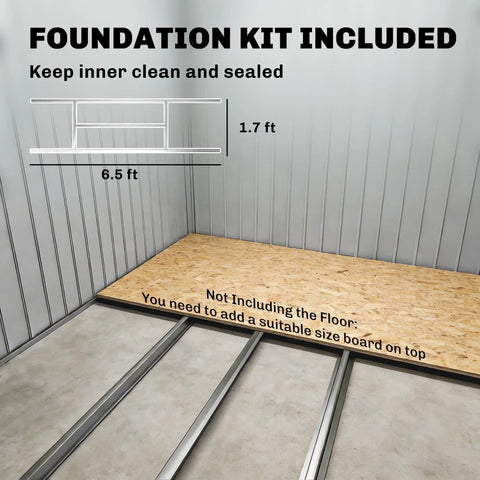 7x4 Outdoor Metal Storage Shed With Foundation Kit showing interior base layout and dimensions in dark gray