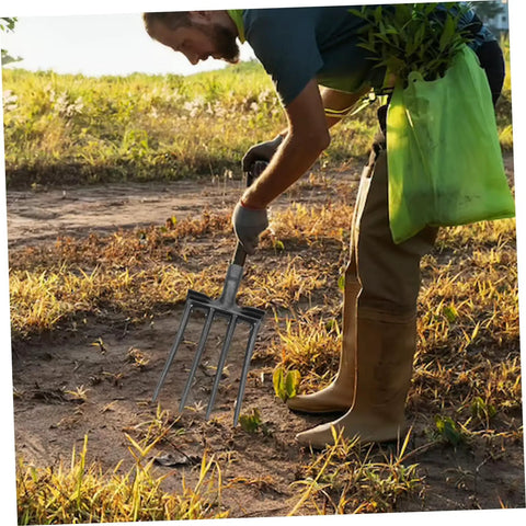 Gardener using Beefy Heavy Duty Four Prong Steel Pitch Fork Head For Garden Digging And Soil Loosening Aeration And Ground Prep