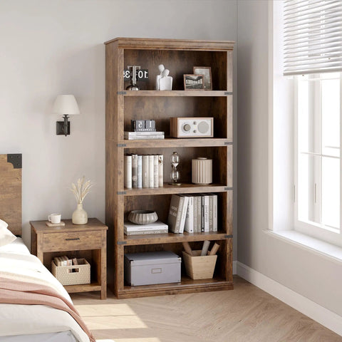 Retro Industrial Bookcase with a Sturdy Iron Frame and MDF Shelves for Living Room or Office next to a window, styled with decor