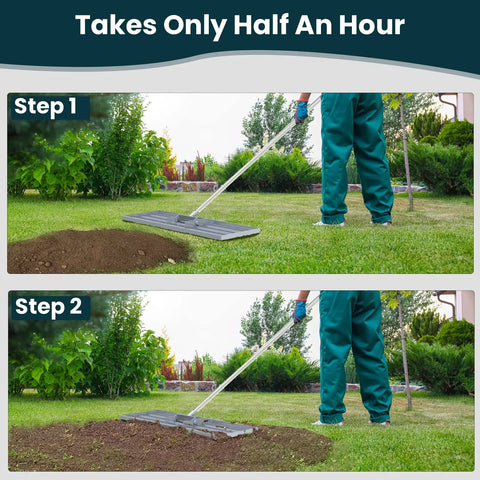 Person using Lawn Leveling Rake 30x10 Inch, Professional Grade Leveler Tool With Stainless Steel Handle on lawn