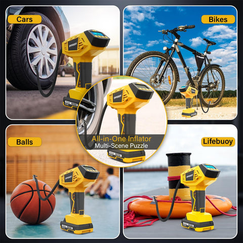 Cordless Tire Inflator Portable Air Compressor With 160 PSI 4X Faster Inflation Rechargeable 20V Battery And 12V DC Dual Power Digital Gauge inflating car tire, bike, basketball, and lifebuoy