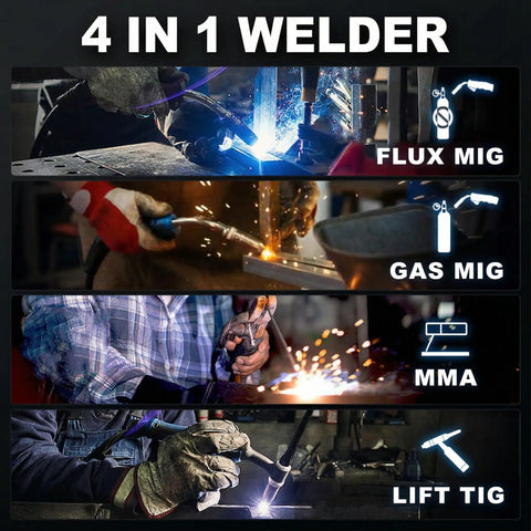 Four In One Multi Process Welder for MIG TIG MMA and Stick welding dual voltage 110V and 220V gas or gasless usage visuals.