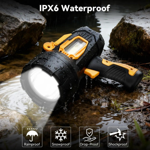 Rechargeable 2,000,000 Lumen Spotlight Flashlight With COB Light Beast Mode Bright in water showcasing IPX6 waterproof rating