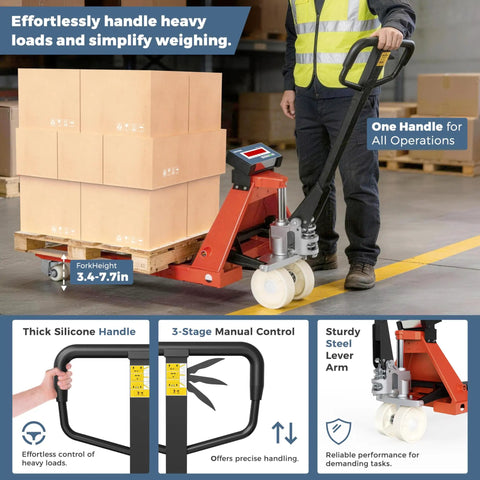 Pallet Jack Scale With Digital Indicator For Warehouse Use 4400 Lb Capacity With 1 Lb Readout, 54 Inch By 27 Inch Fork Size, Tangerine Color