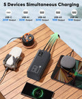 Massive 80000mAh Portable Charger Power Bank With 30W PD USB C Fast Charging, charging multiple devices on a wooden table