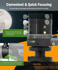 Close-up of Off Axis Guider With Microfocus Dual Helical Focuser Aluminum Telescope Accessory showcasing focusing dials and moon background