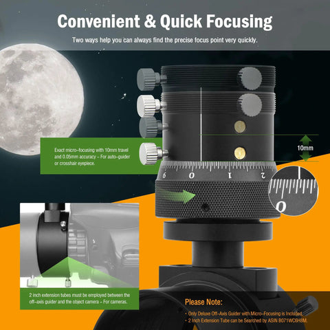 Close-up of Off Axis Guider With Microfocus Dual Helical Focuser Aluminum Telescope Accessory showcasing focusing dials and moon background